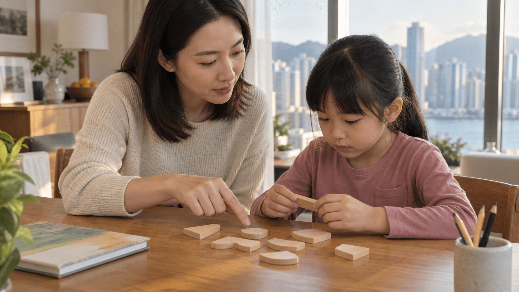 示意圖：家長與孩子用無文字木塊比較字形部件和位置
