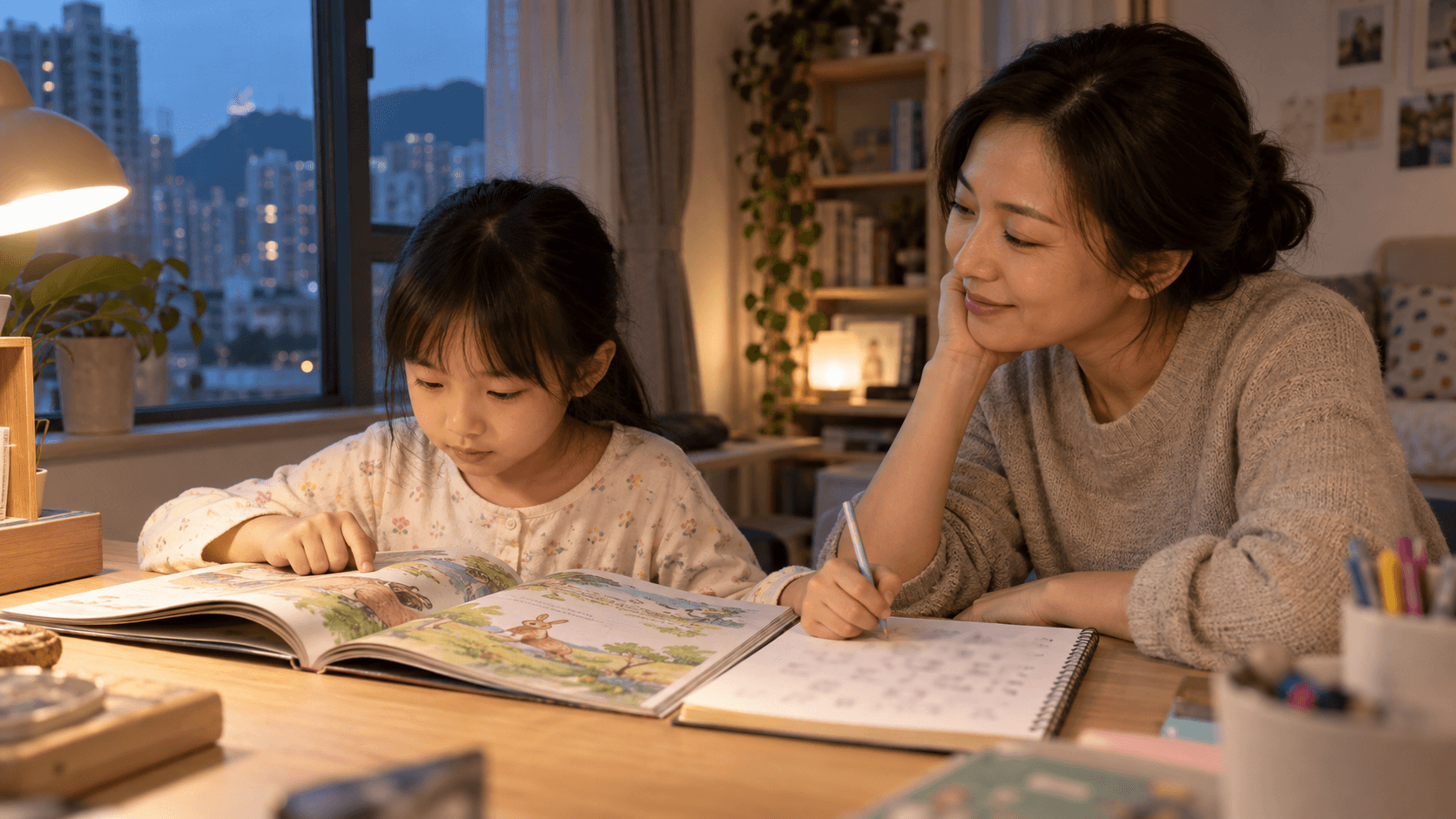 示意圖：孩子閱讀圖書後在家長陪伴下完成短句輸出