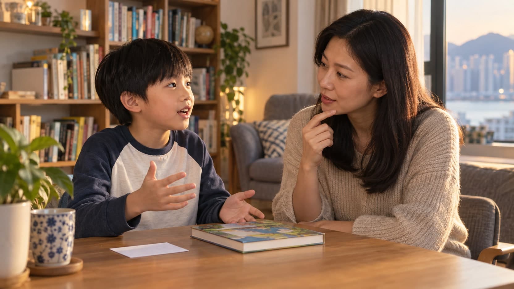示意圖：孩子讀過英文故事後向家長分享最喜歡的情節