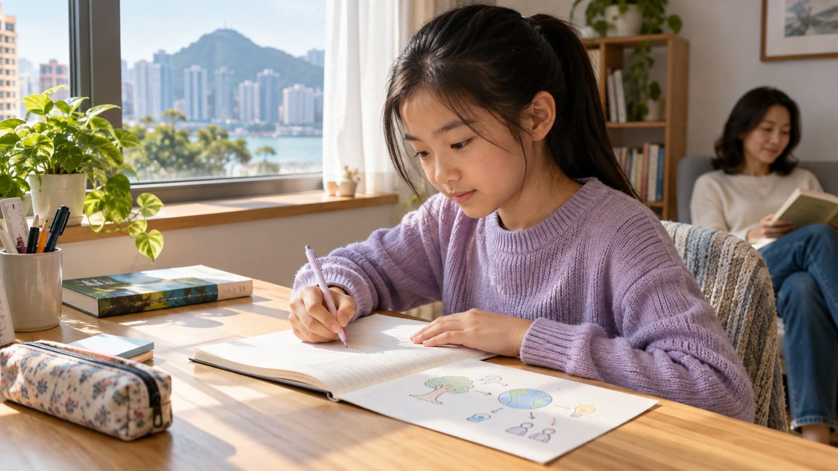 示意圖：孩子把英文故事分享整理成寫給朋友的三句短訊