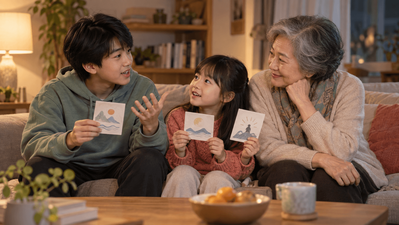 示意圖：青少年、孩子與祖母在家用無文字圖片卡分享一個故事