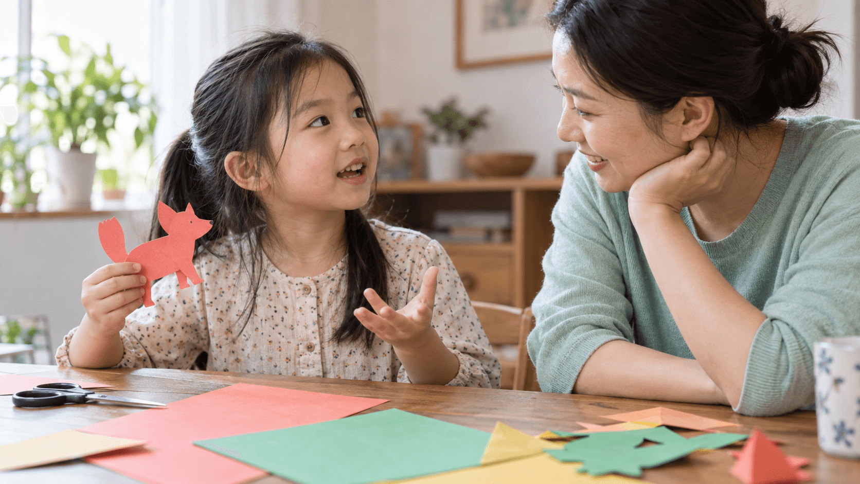 示意圖：孩子與家長在家用彩色紙製作故事角色，並討論角色想法