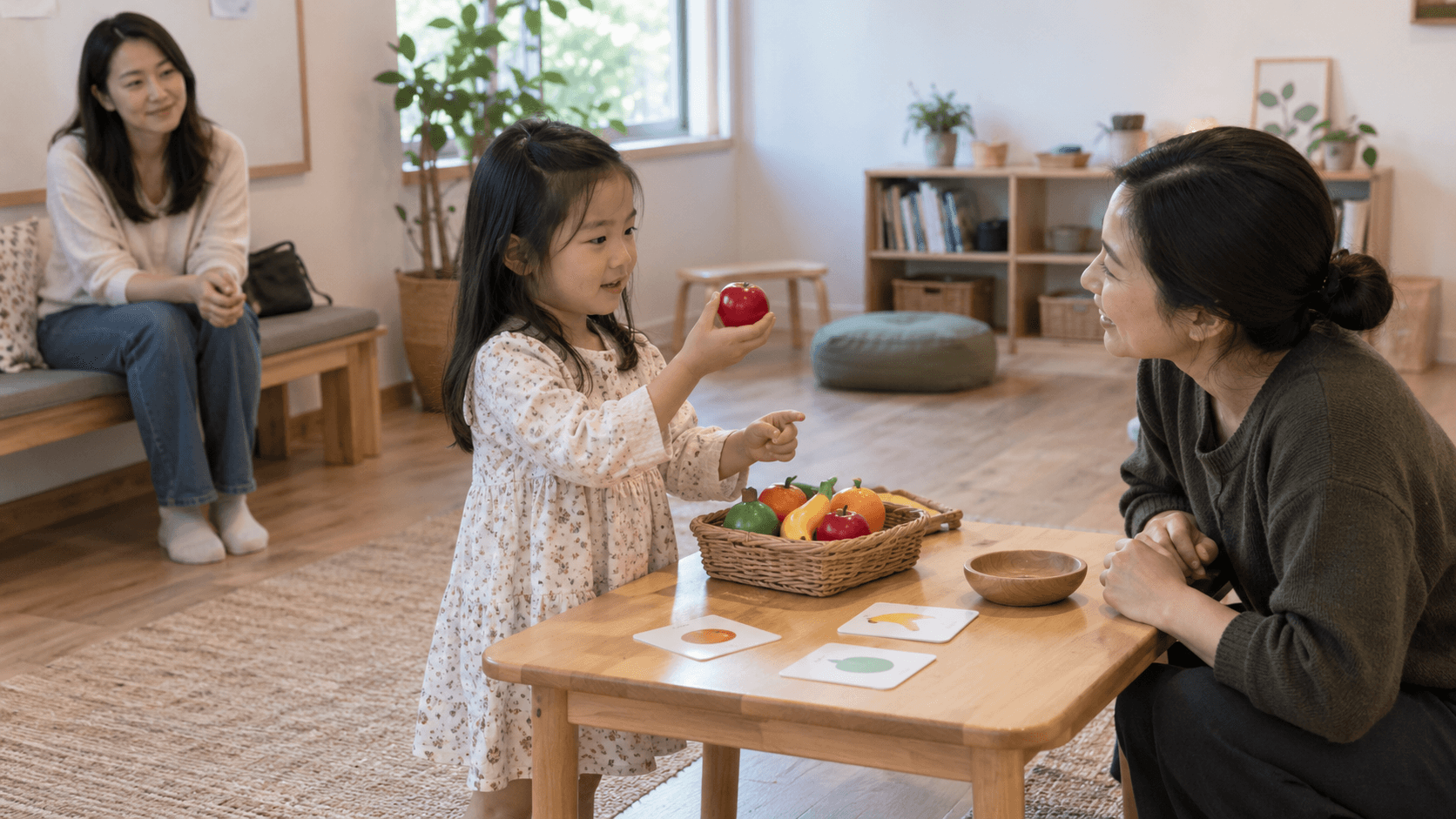 Illustrative image of a child using play fruit in an in-person learning space while a parent observes quietly