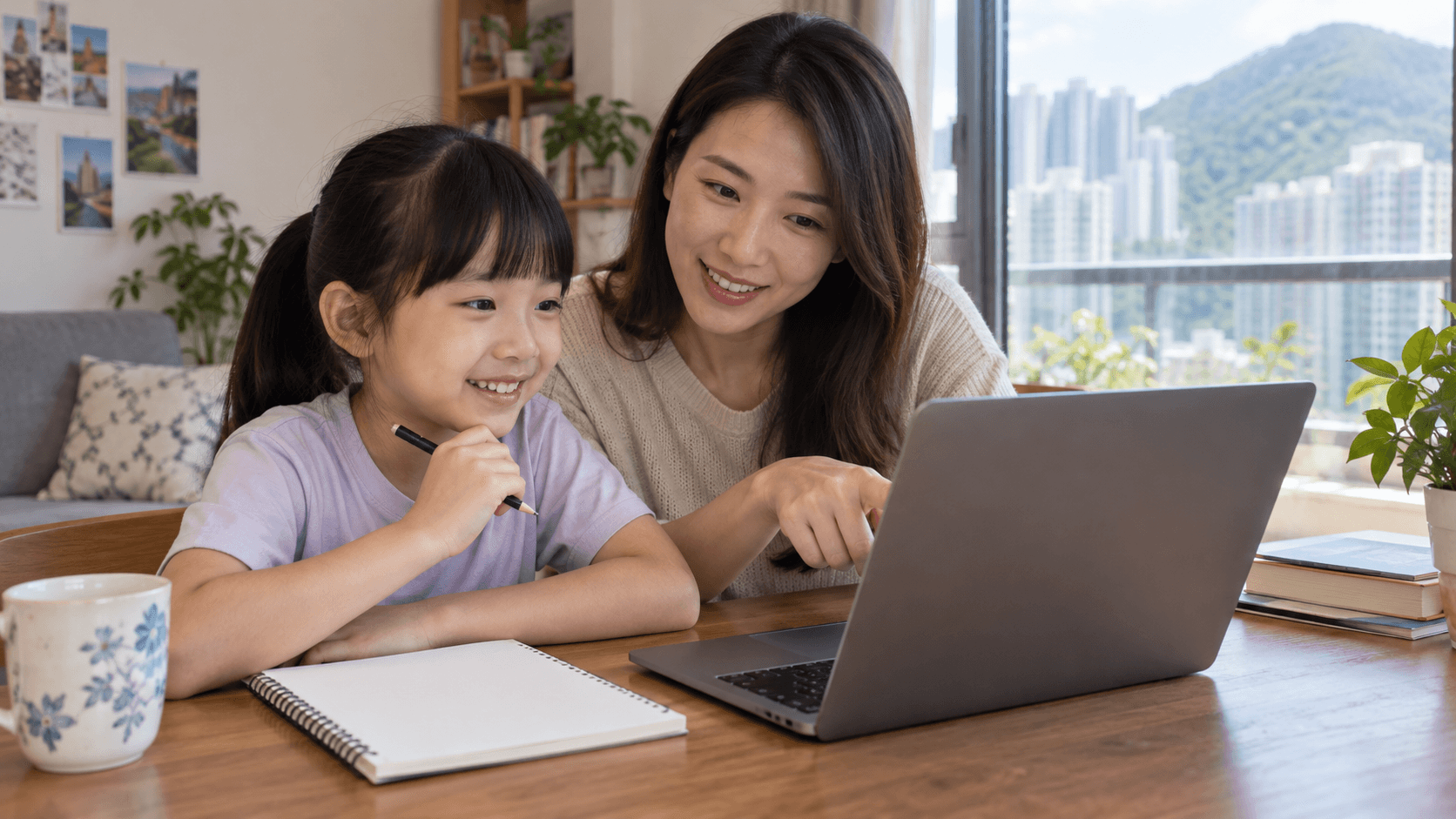 示意圖：家長與孩子在家中回看網上語文試堂並整理下一步