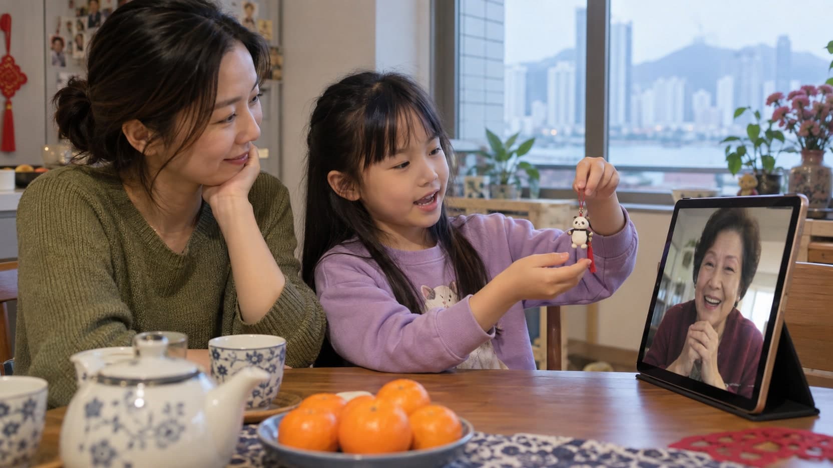 示意图：孩子在视像通话中用普通话向家人分享生活小事