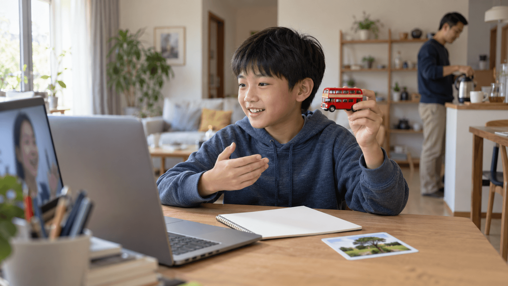 Illustrative image of a child using a toy to explain an idea to an online teacher while a parent supports from a distance