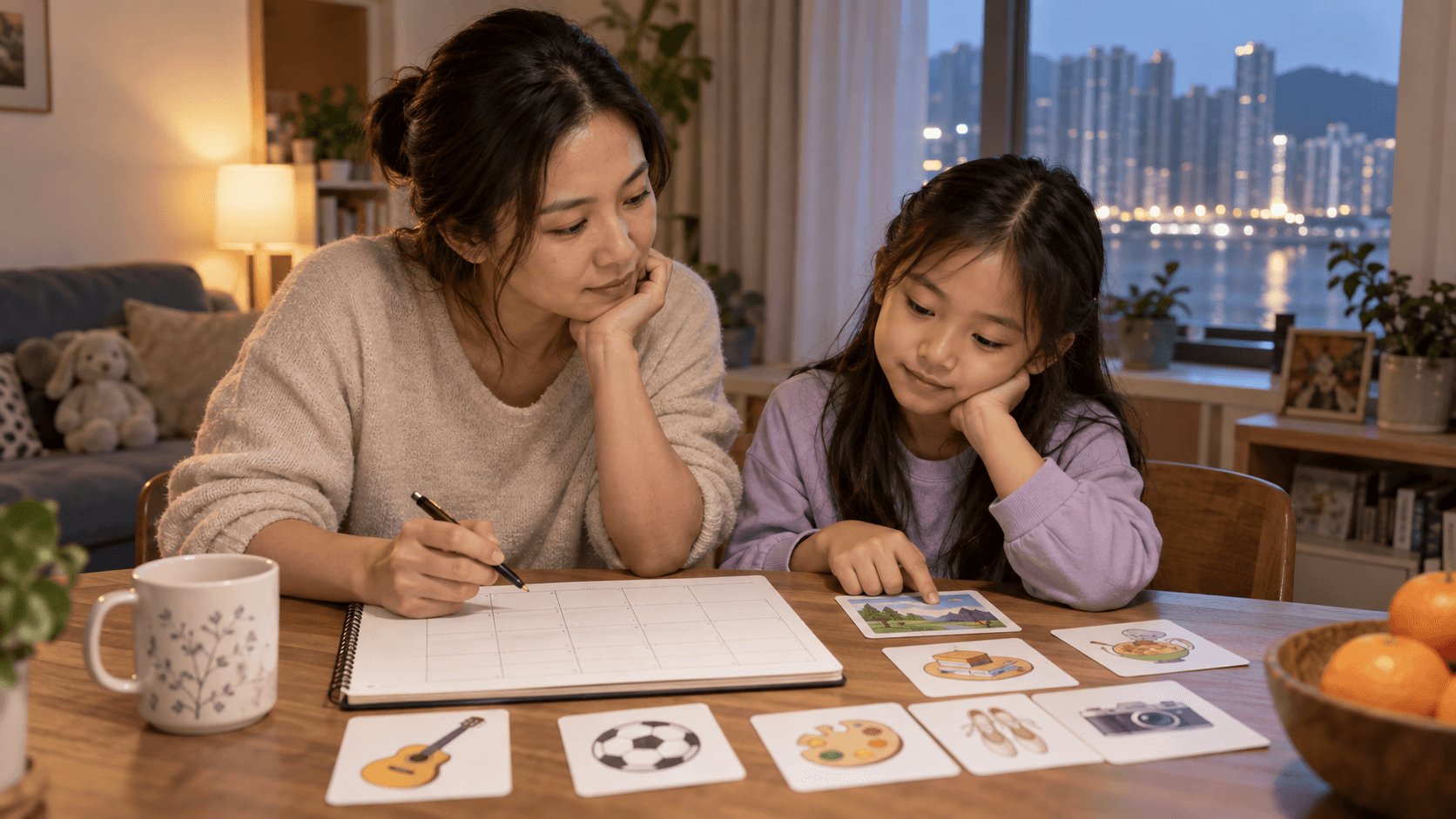 示意图：家长与孩子在家查看无文字时间表和图片卡，商讨西班牙语学习安排