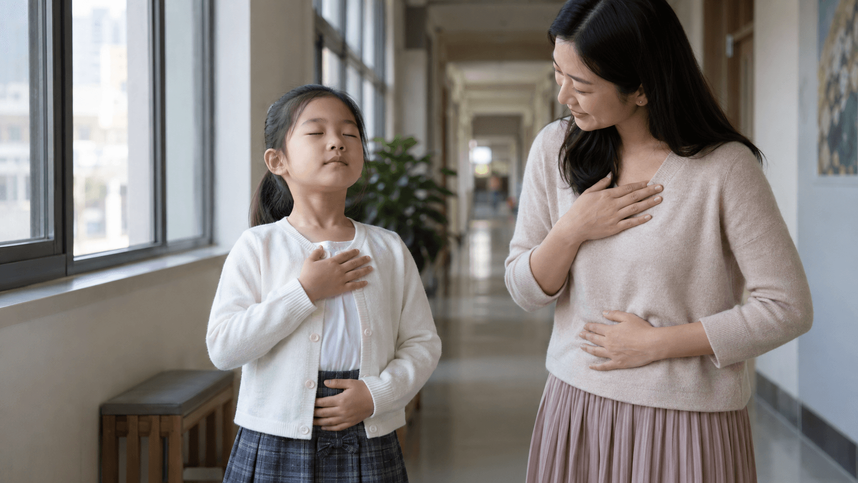 示意图：孩子在一般室内走廊与家长作短暂呼吸练习，非真实比赛场地