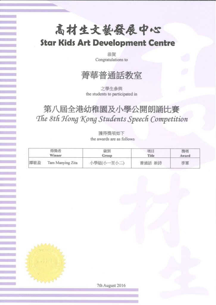 2016 年獎項證書