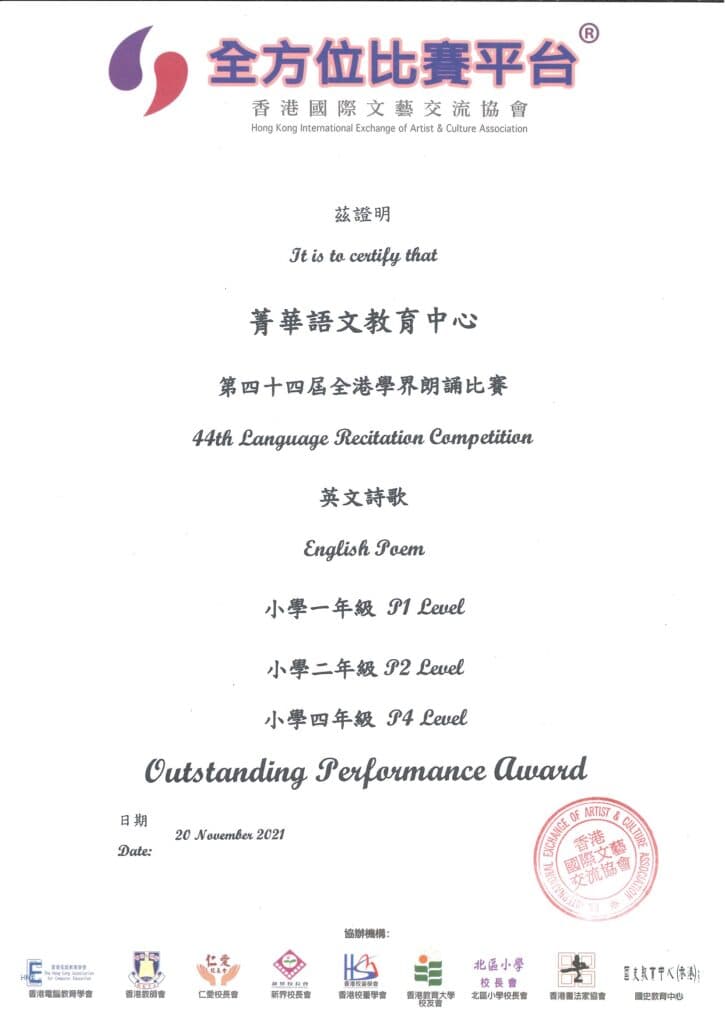 2021 年獎項證書