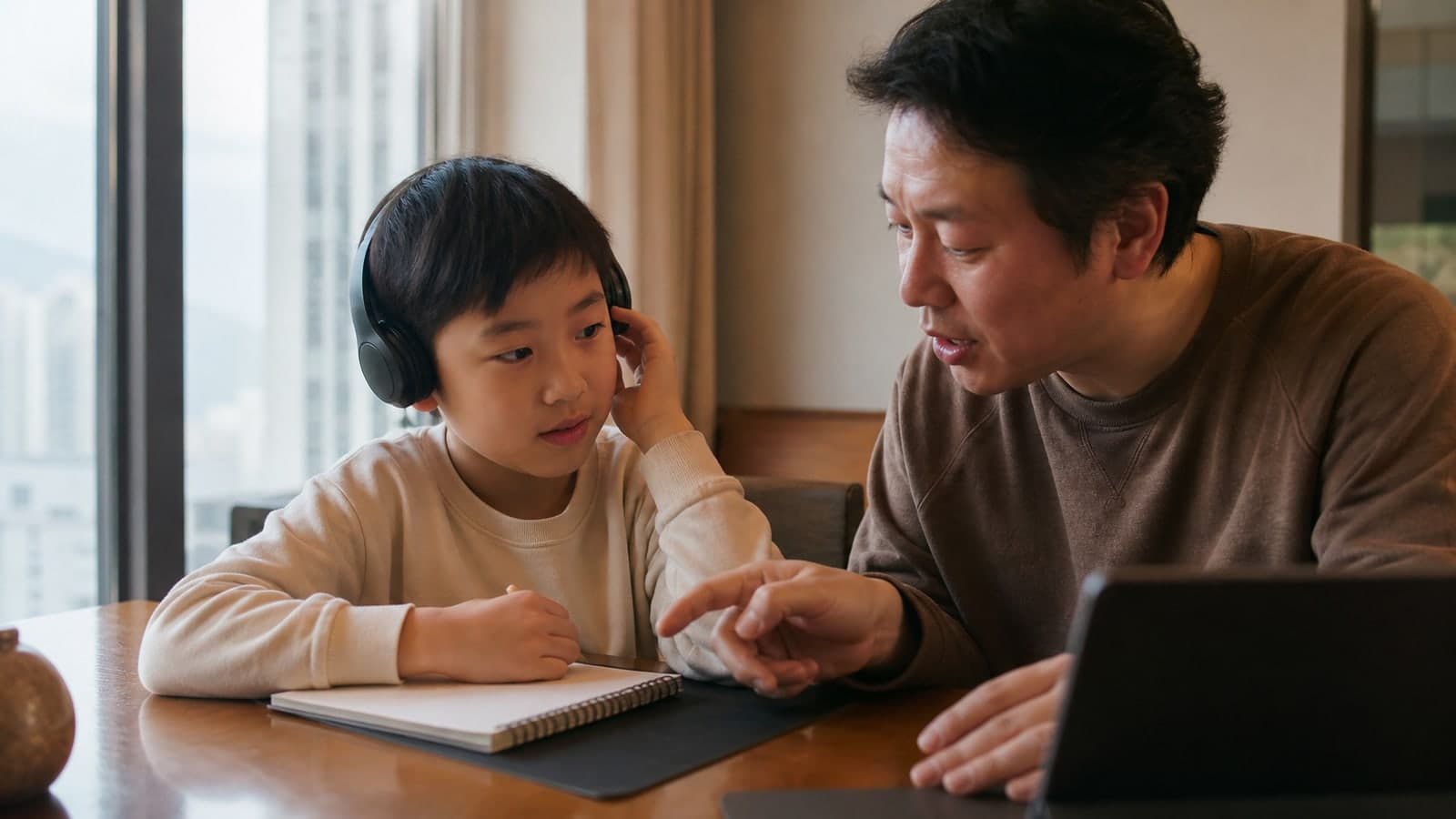 示意:家長和孩子在家中一起回看短輪口語練習的重點