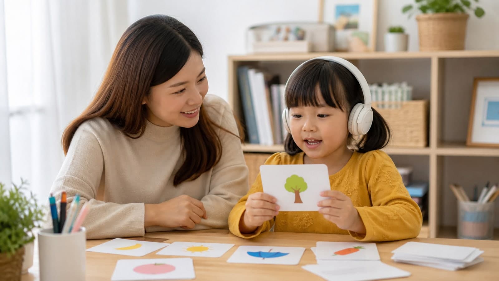 示意:孩子在家中以耳機和圖卡進行短輪英文口語練習