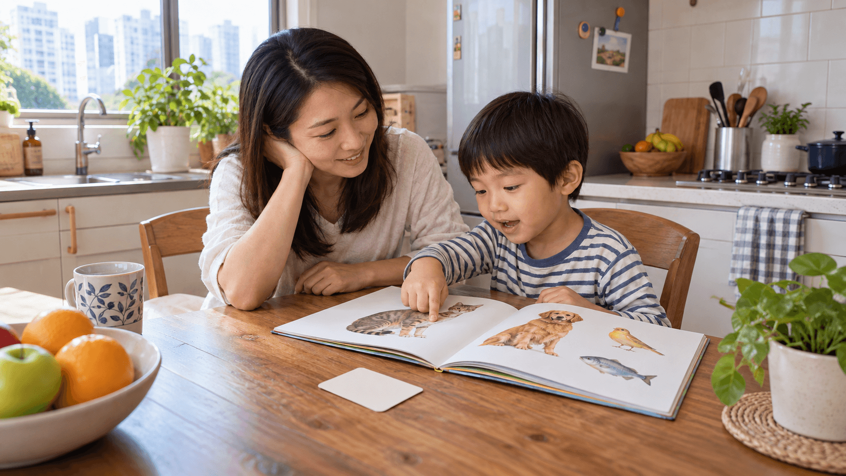 示意圖:孩子在家指着繪本圖片,家長陪同回看熟悉詞語