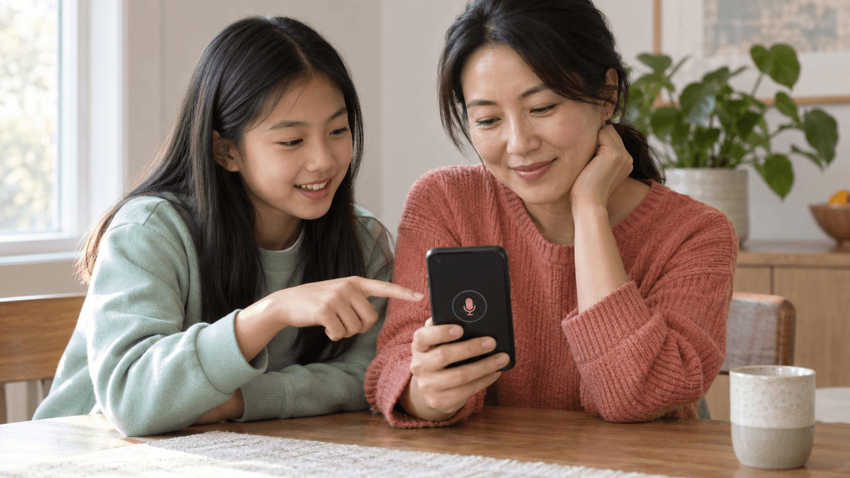 Illustrative image of a child showing a parent how to record a short Mandarin greeting on a phone