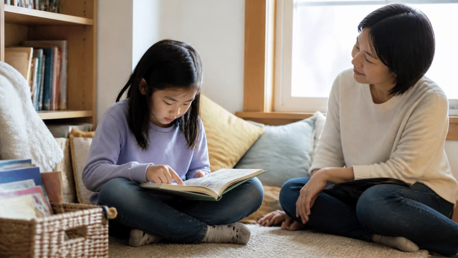 Illustrative child reading in a home reading corner with a parent quietly available nearby
