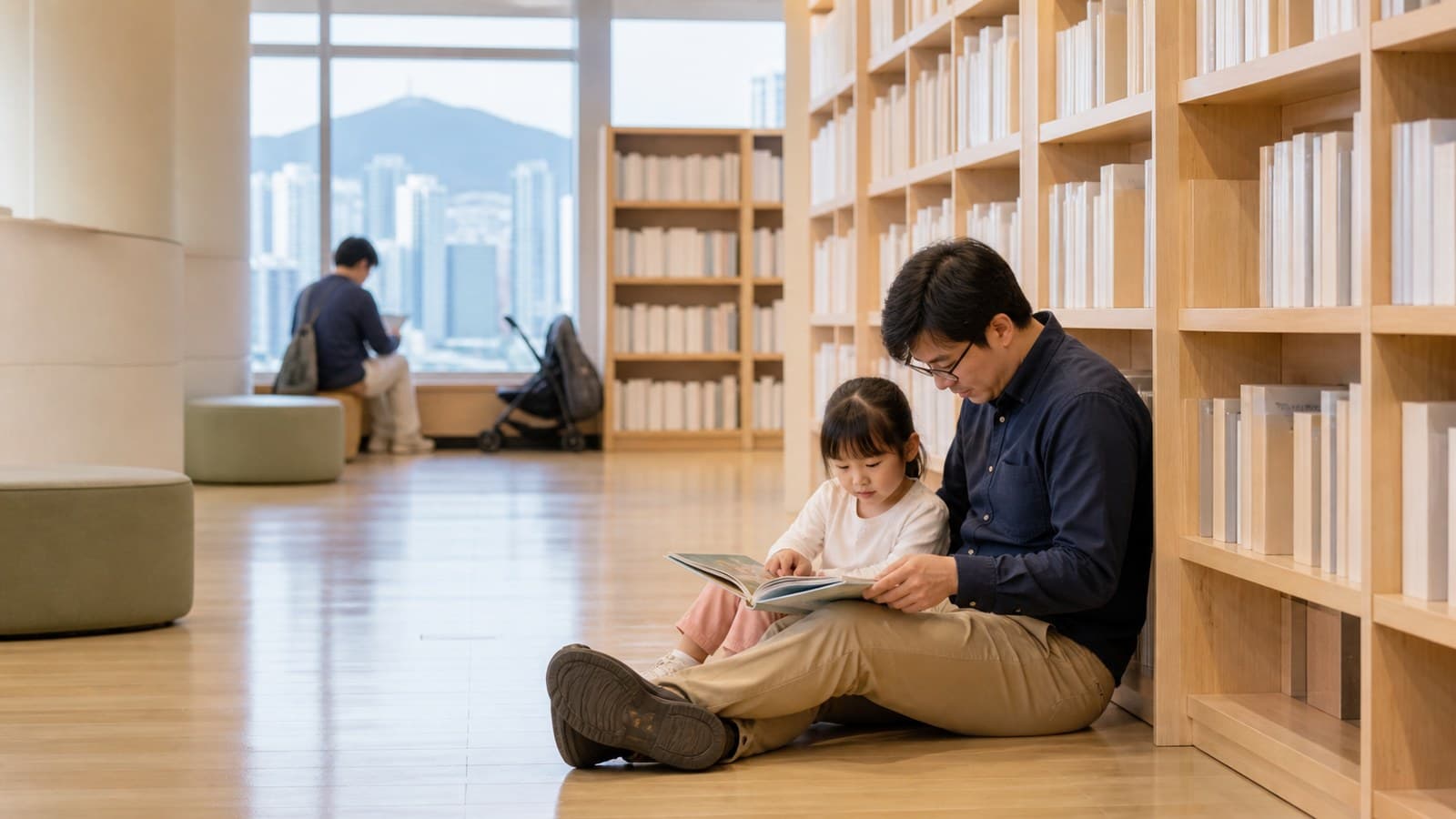 Illustrative parent and child choosing books together in a reading space