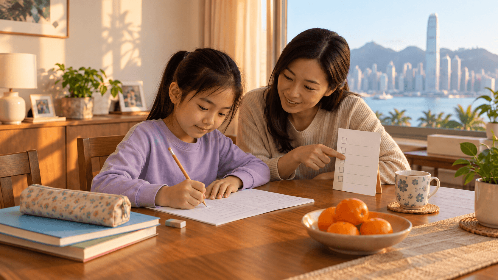 示意图:孩子自己修改英语草稿,家长在旁以空白检查卡提示