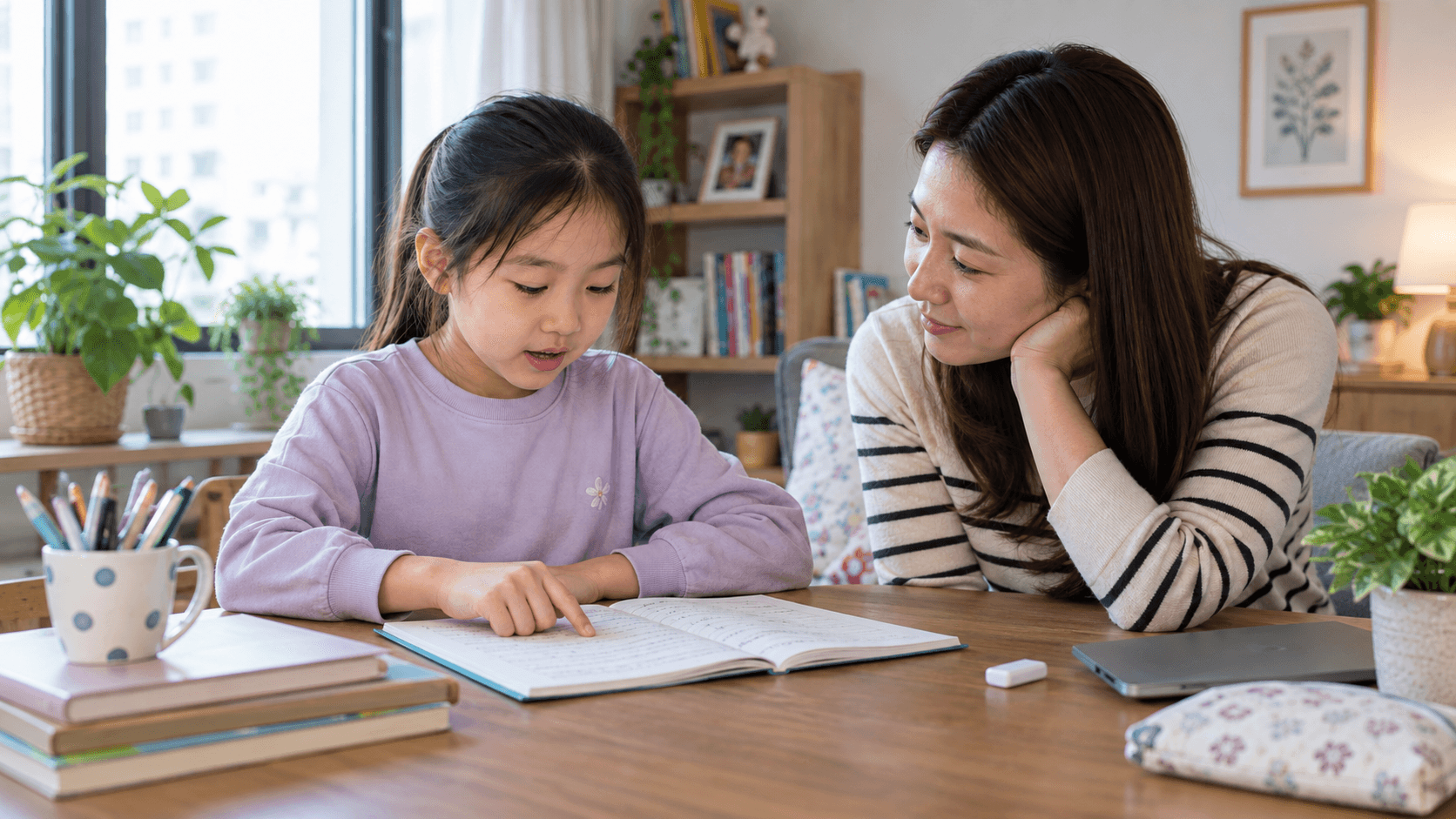 示意图:孩子在家回读英语草稿,家长作为读者聆听