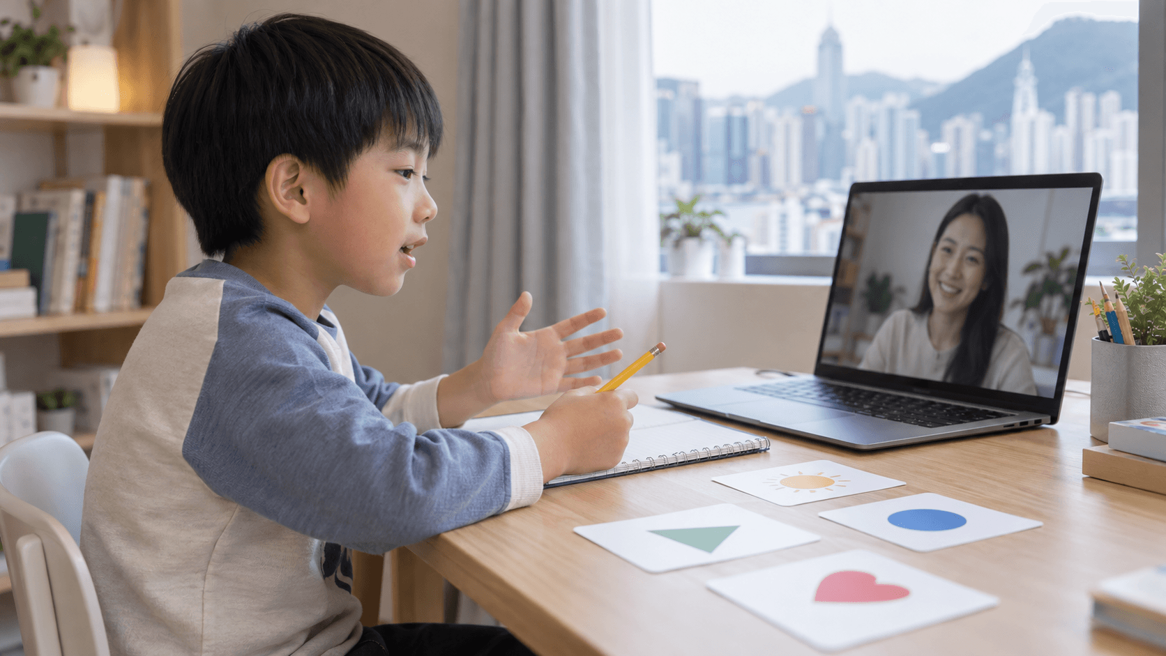 示意图:小学生在在线一对一英语课以图片提示运用一个句型对话