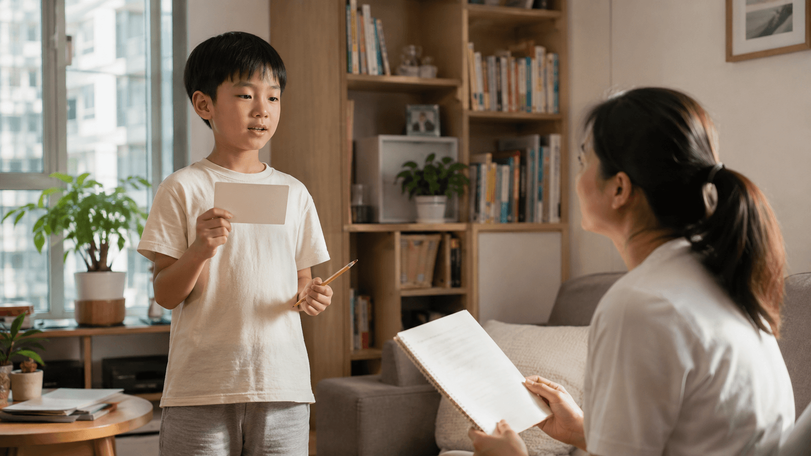 示意圖:孩子在香港家中拿著空白提示卡練習短段朗誦,家長安靜記錄觀察