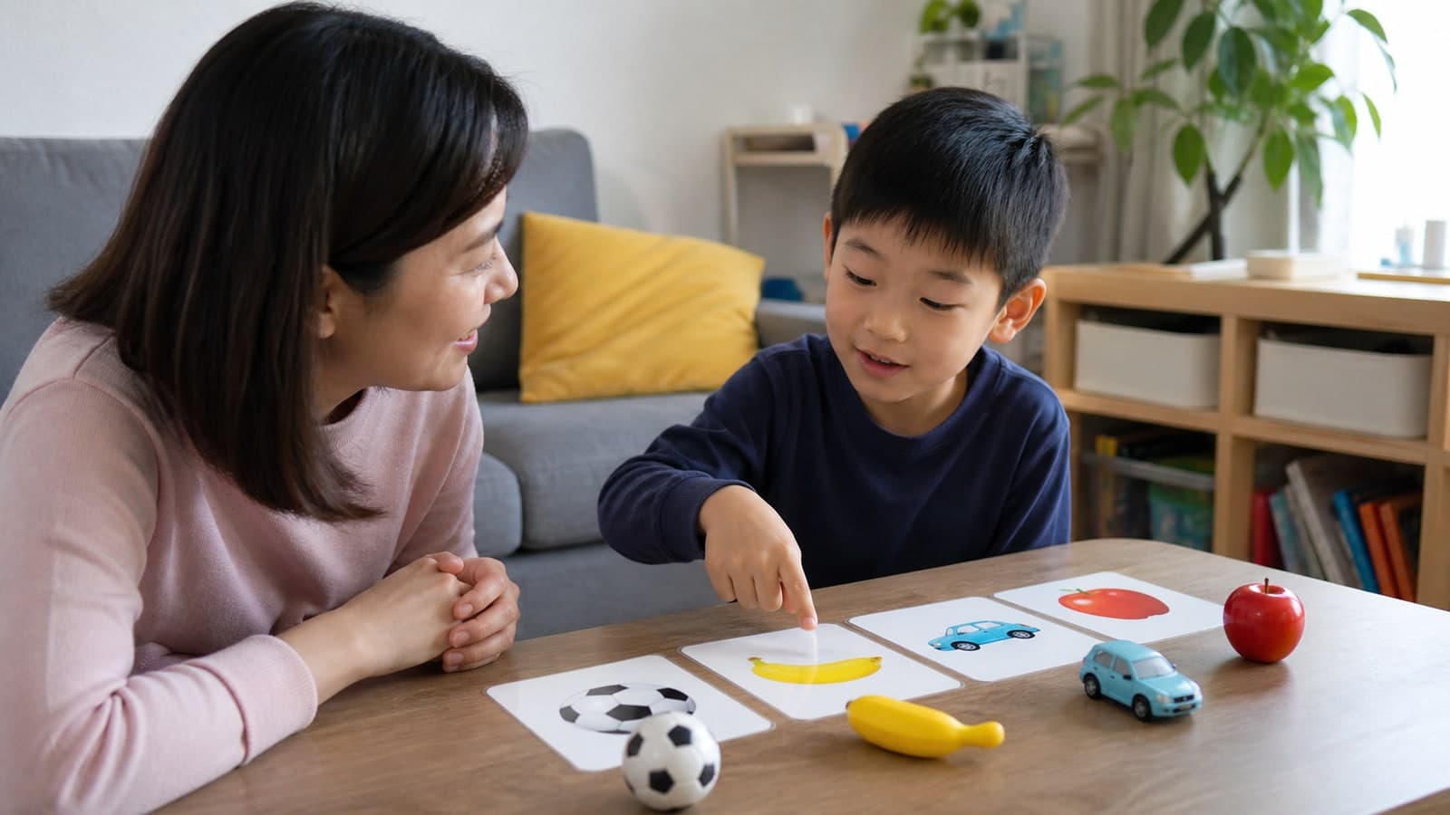 Illustrative image of a child at home responding to a short spoken instruction with objects and picture cards