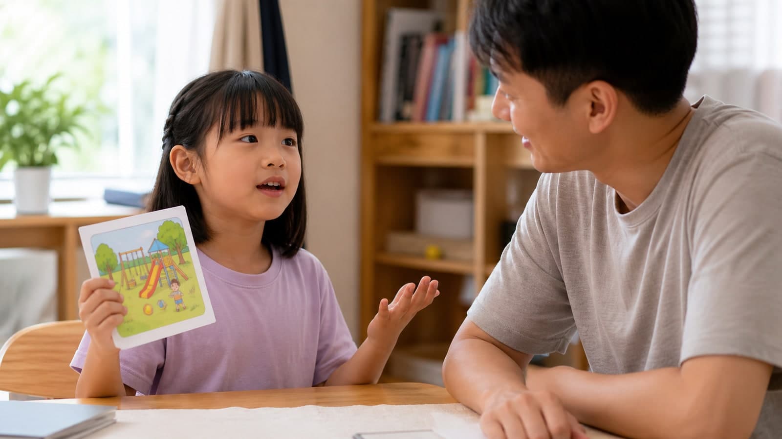 Illustrative image of a child describing an unlabelled picture card to an adult at home