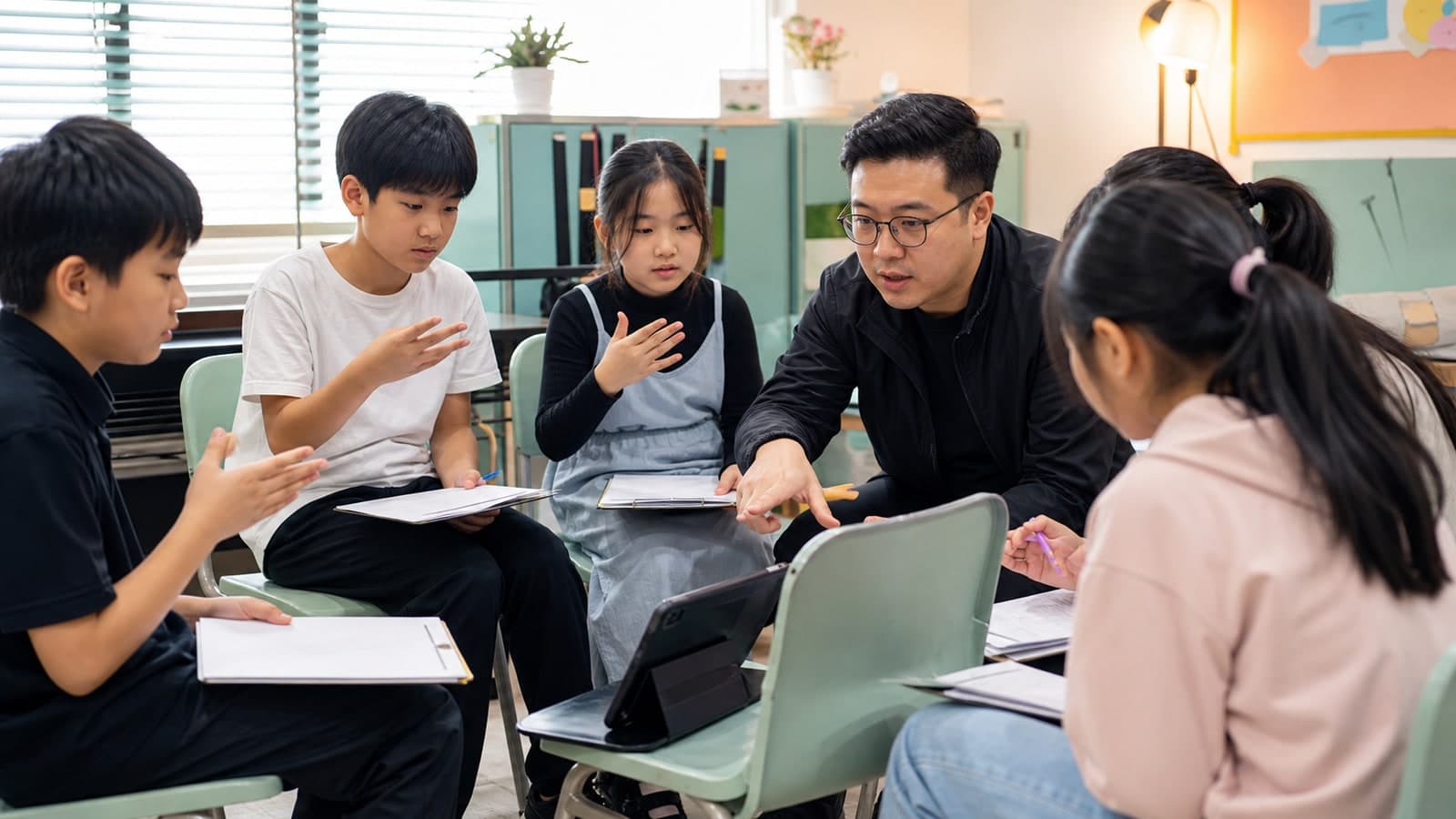 示意:孩子和老师一起回看团体朗诵排练并标记节奏问题