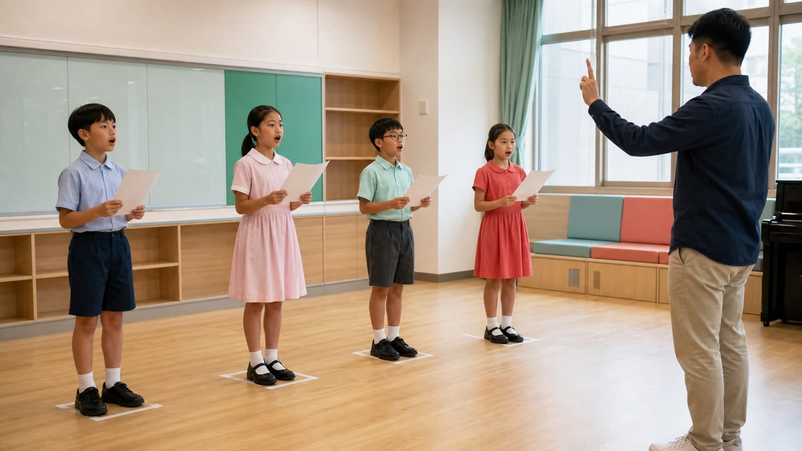 示意:四名孩子在教室按地面位置练习集诵呼吸和节奏
