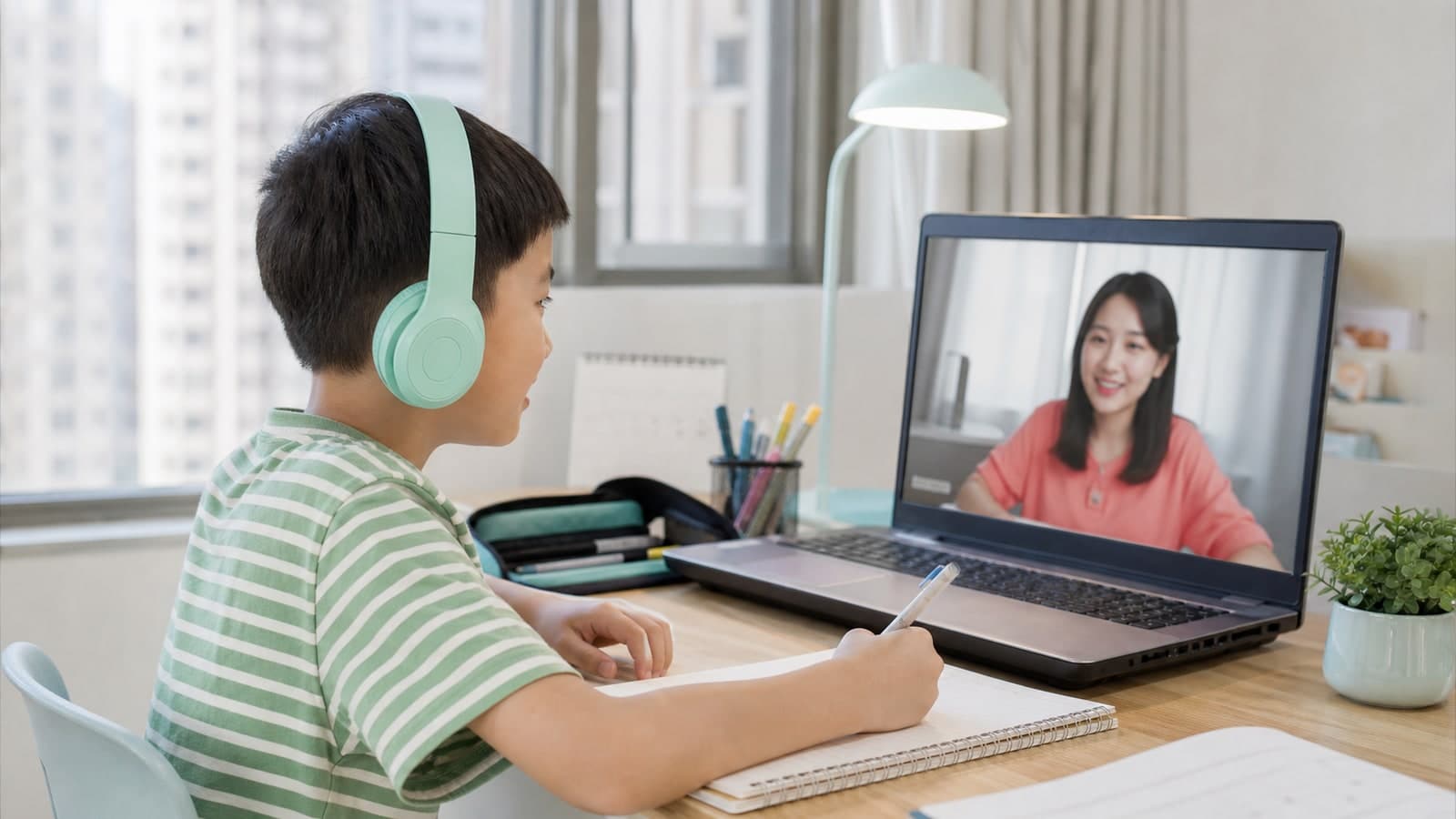 示意:孩子在一對一線上中文課中完成口語和書寫任務