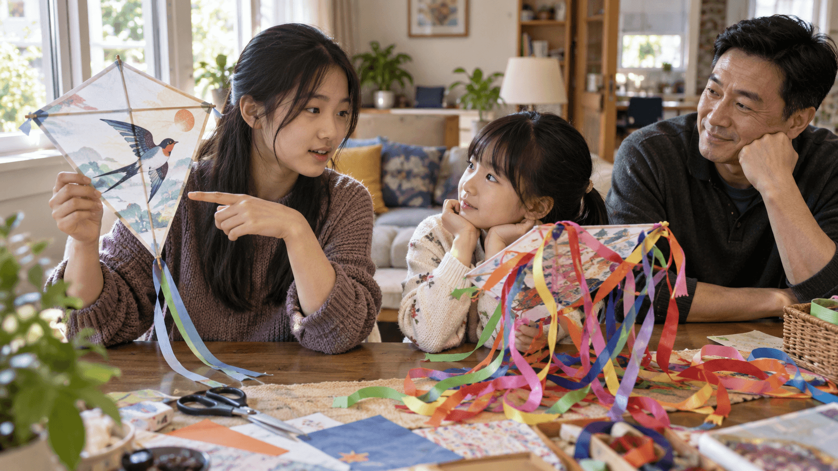 Illustrative image of a teenager comparing a simple kite with one carrying too many ribbons while explaining the idea to a younger relative