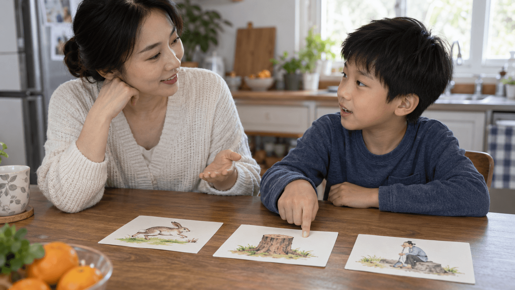 Illustrative image of a parent using wordless cards with a rabbit, tree stump and waiting figure while a child explains the plot