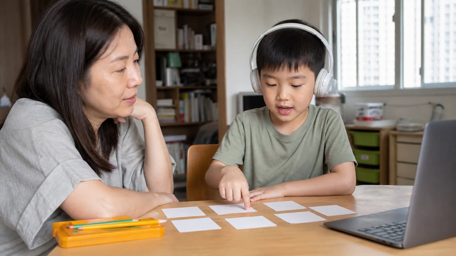 示意图:孩子在家中戴耳机听短提示并指向图卡