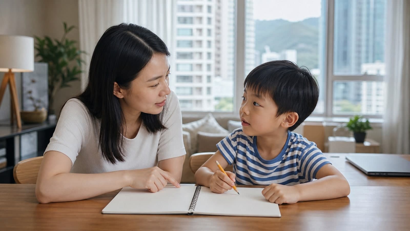 示意图:家长和孩子在家中回顾一次短在线普通话互动