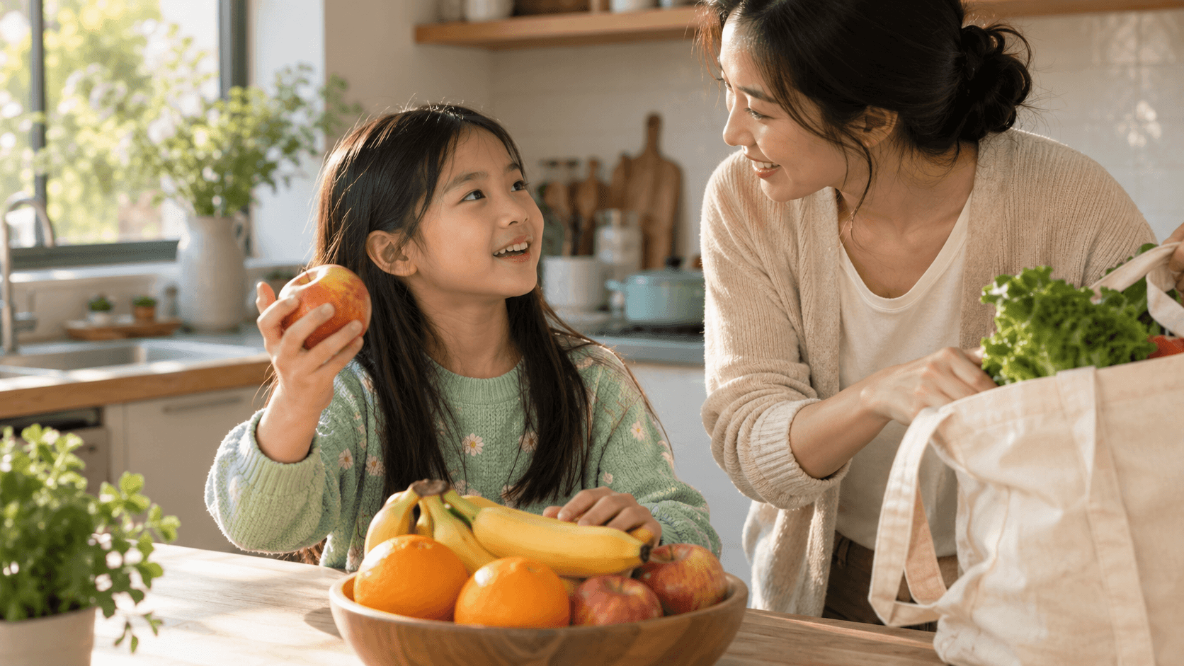 Illustrative image of a child holding fruit and having a relaxed Mandarin conversation with a parent in a home kitchen