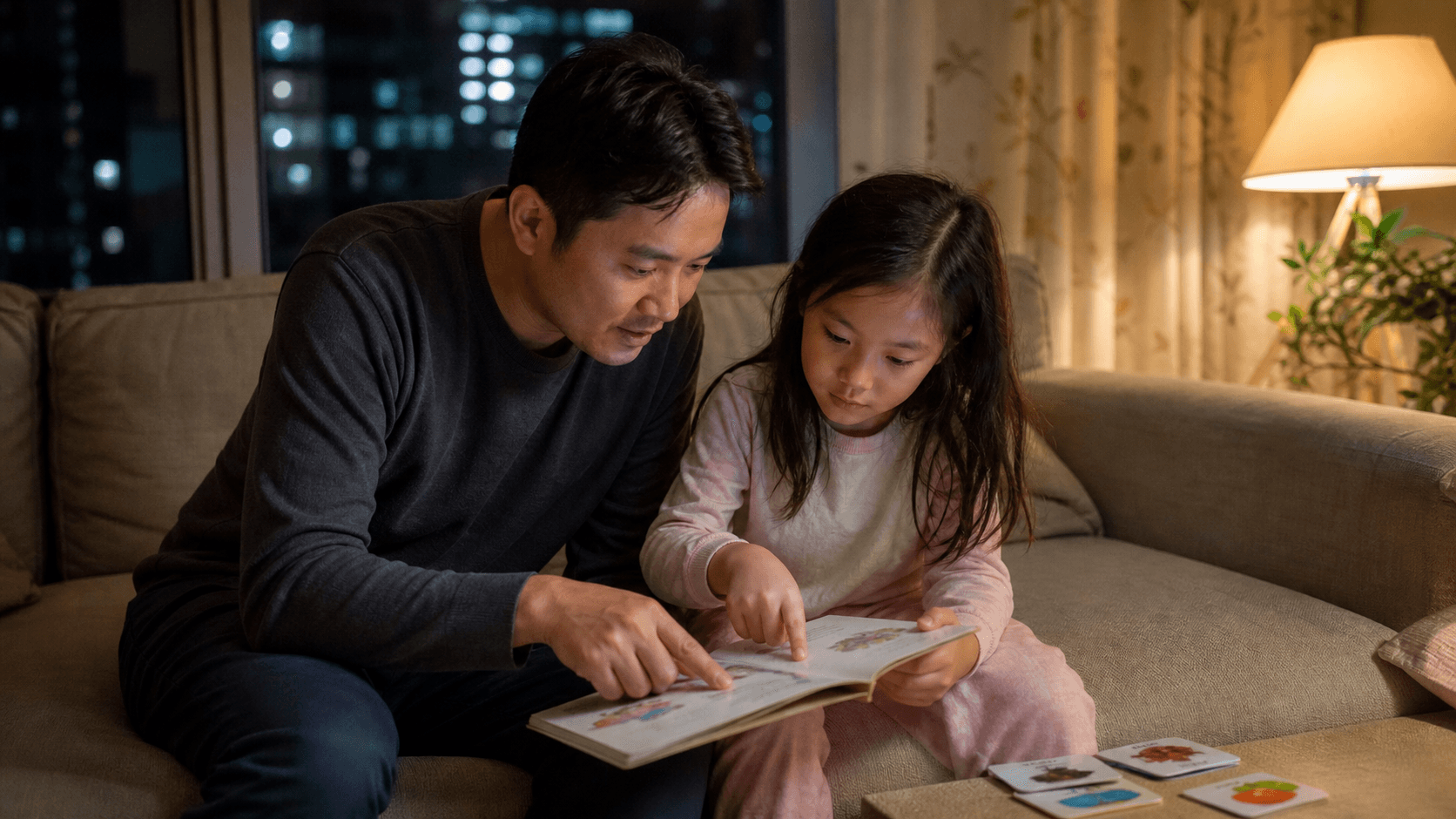 Parent and child sharing an English picture book on a sofa at home