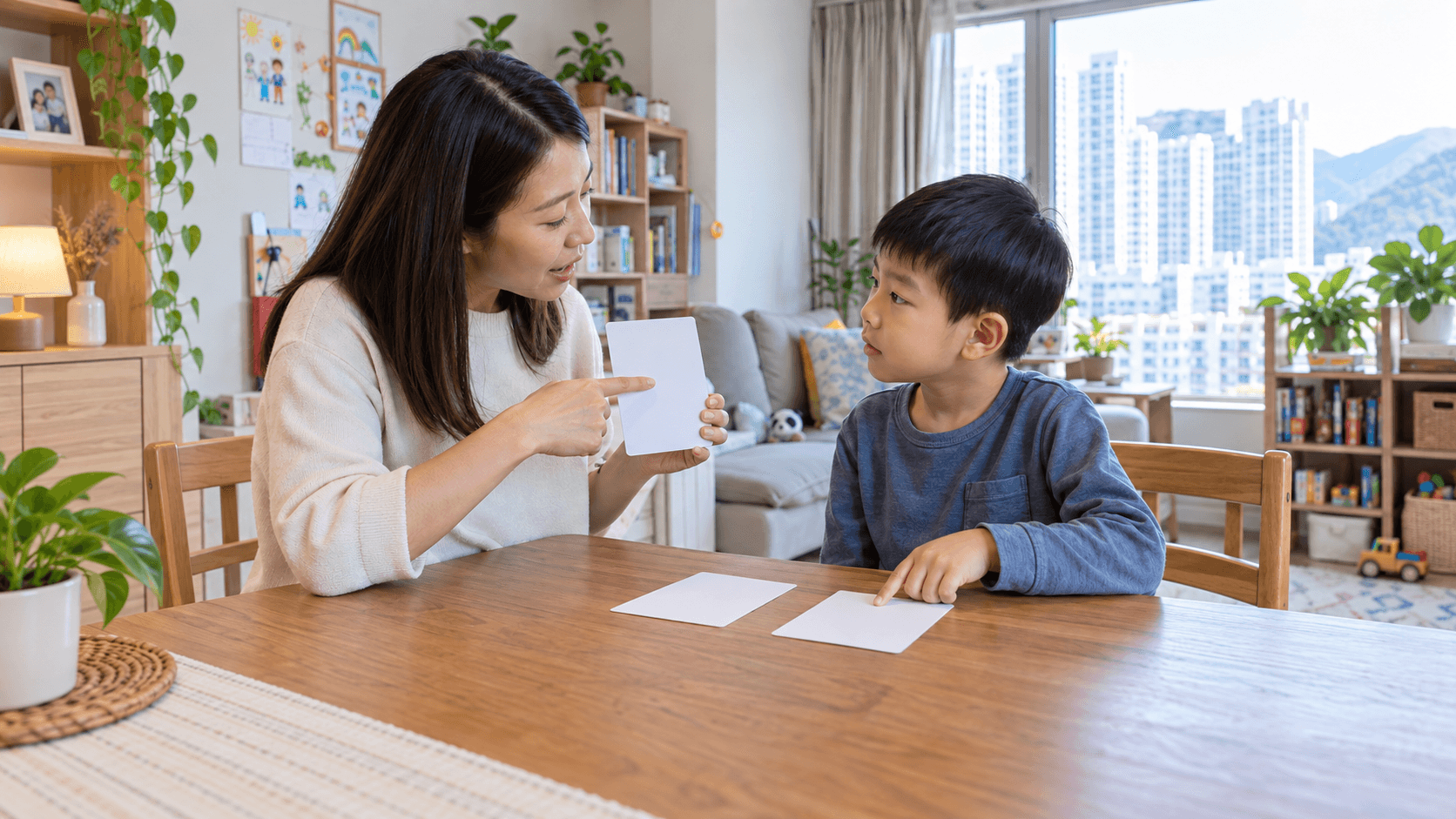 示意圖:家長用無字卡與孩子練習普通話聽音,不出示文字提示