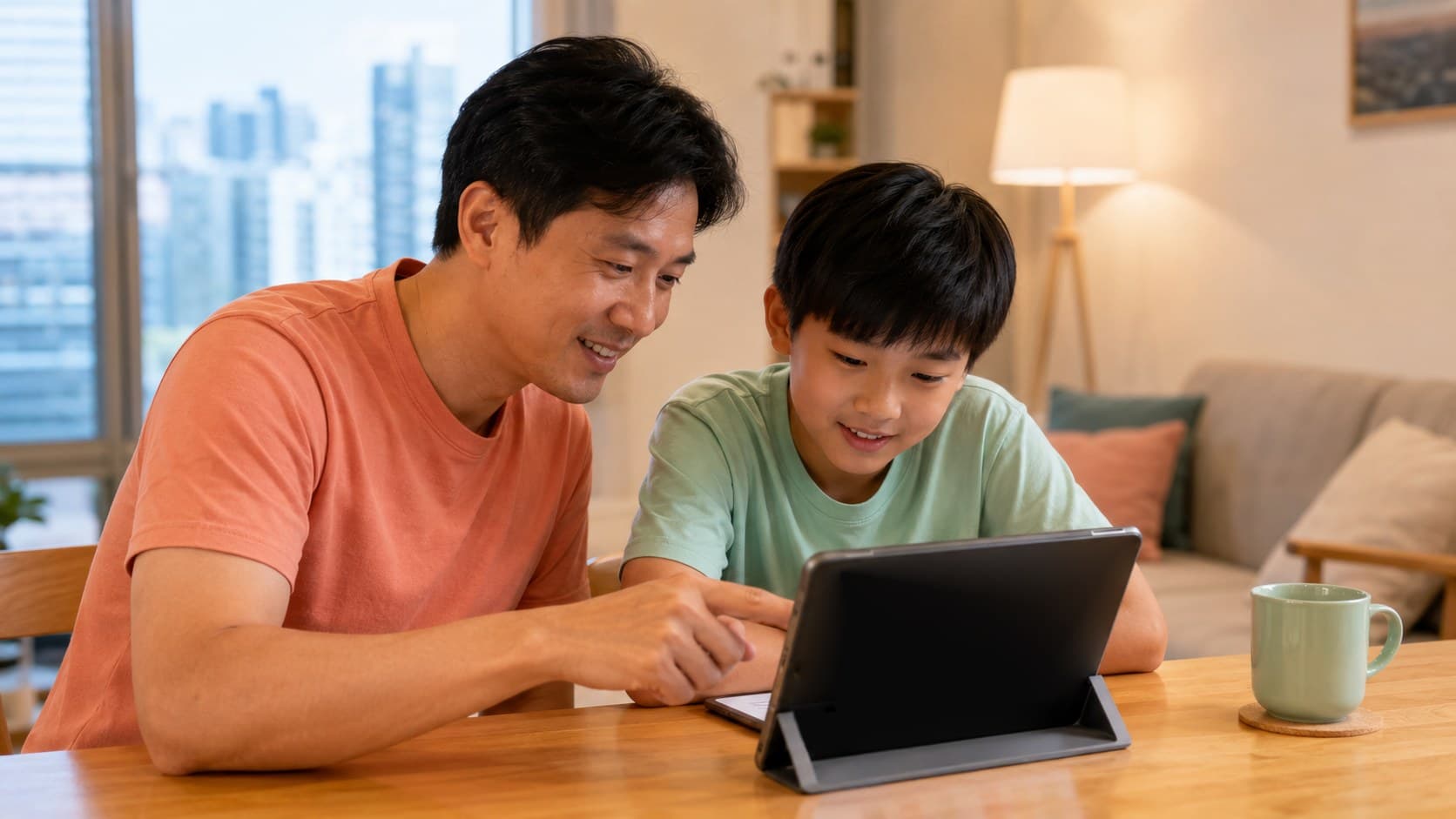 家長與孩子一起查看線上學習進度紀錄