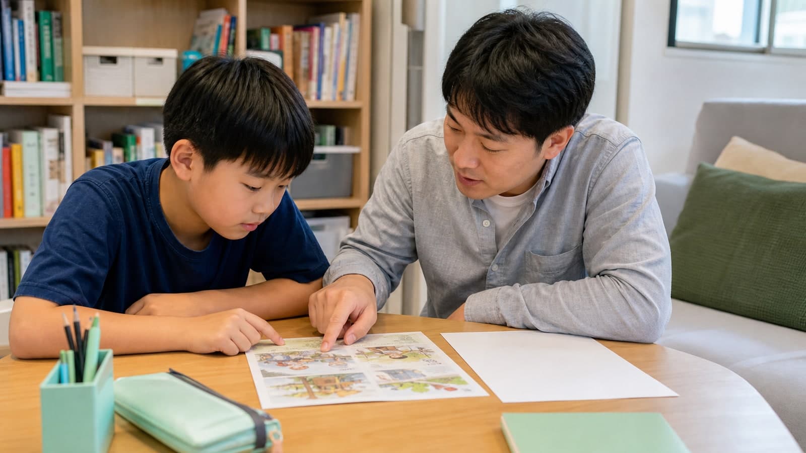 Illustrative image: a child and adult locate details that support an answer using wordless picture cards