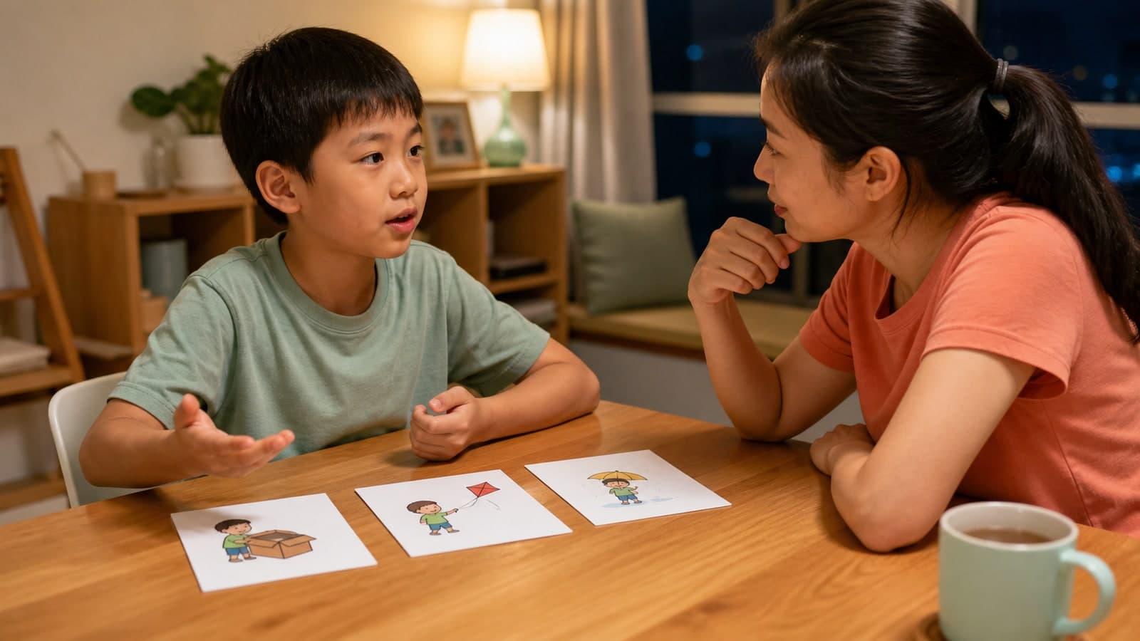 Illustrative image: a child explains the main idea of wordless picture cards to an adult at home