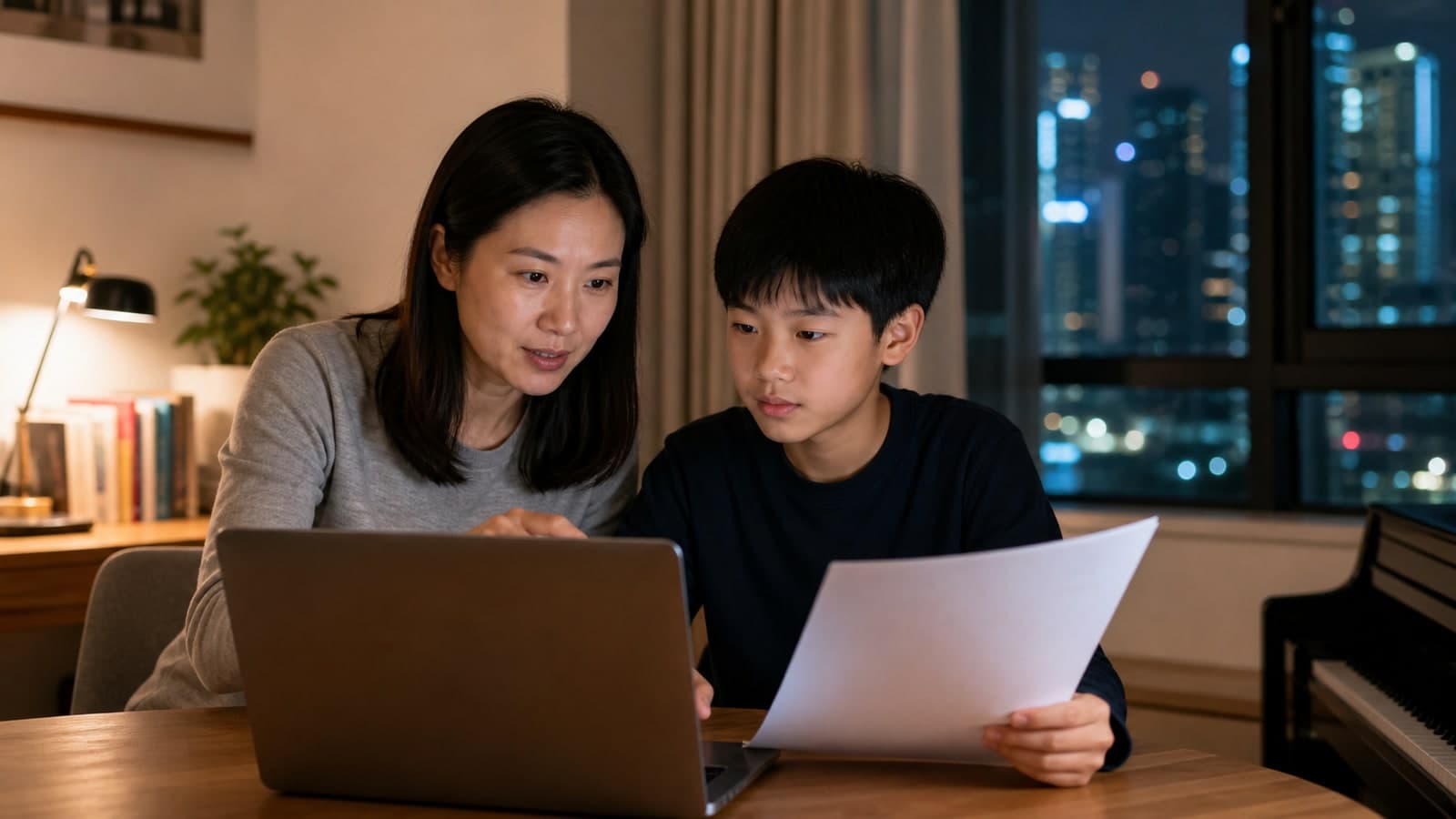 示意图:家长和孩子在家中回看一段朗诵练习录影