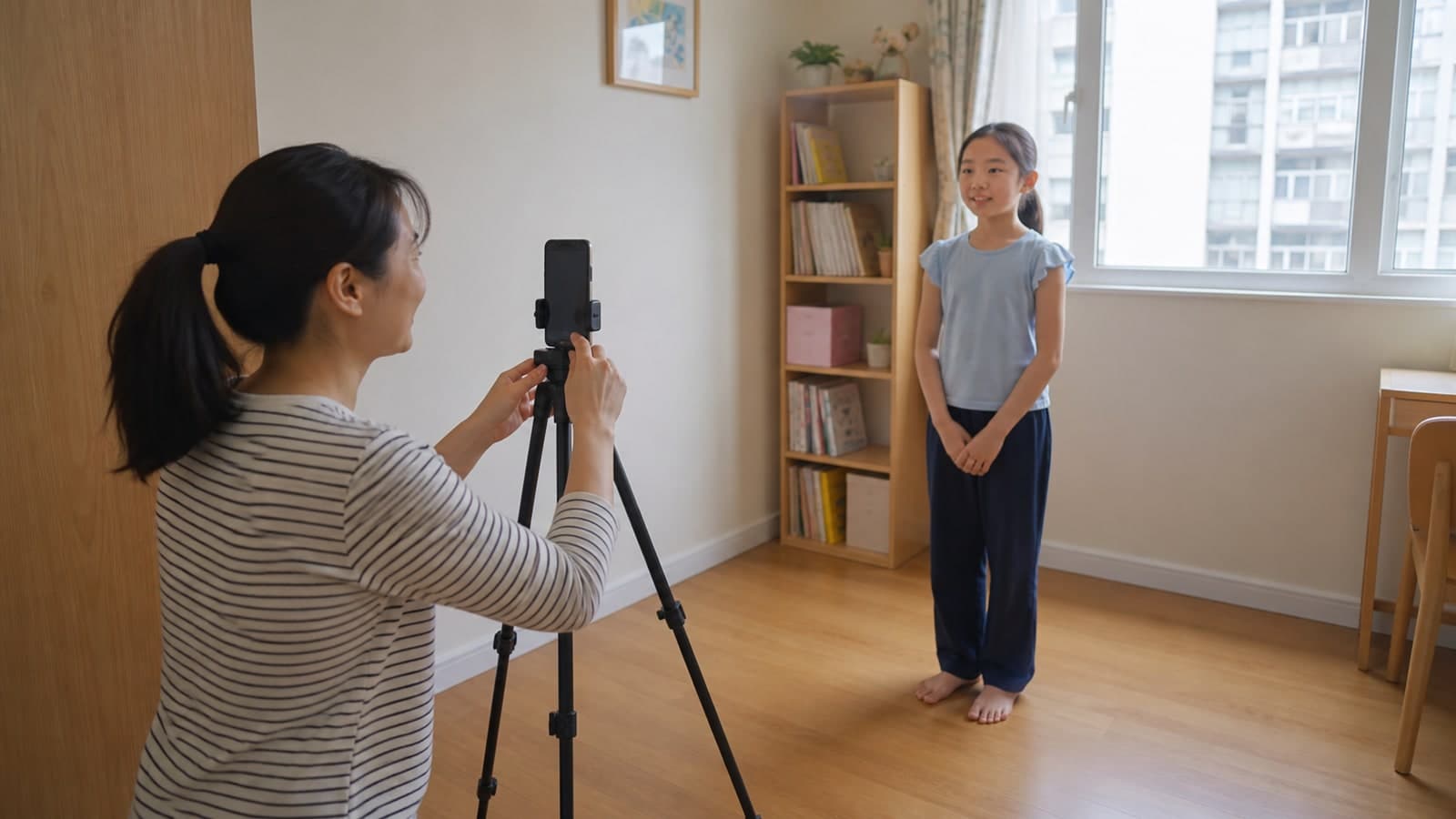 示意图:家长和孩子在家中以手机脚架进行朗诵录影前的声音与画面试录