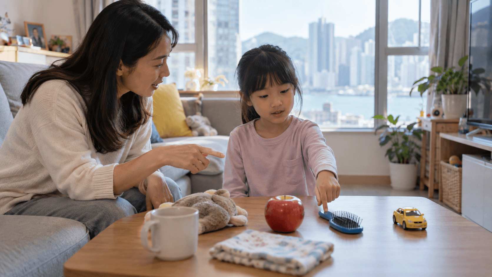示意图:孩子在家中听成人说出简短外语指令并作出回应