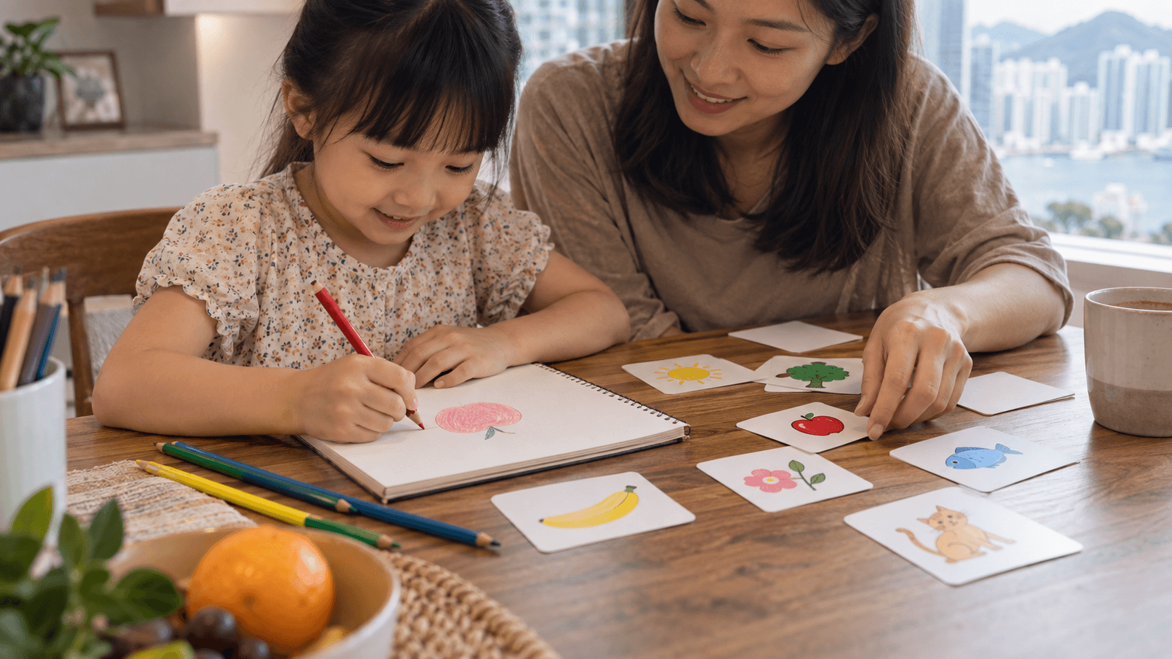 示意图:孩子与成人在家中以图卡和笔记本整理已学外语词汇