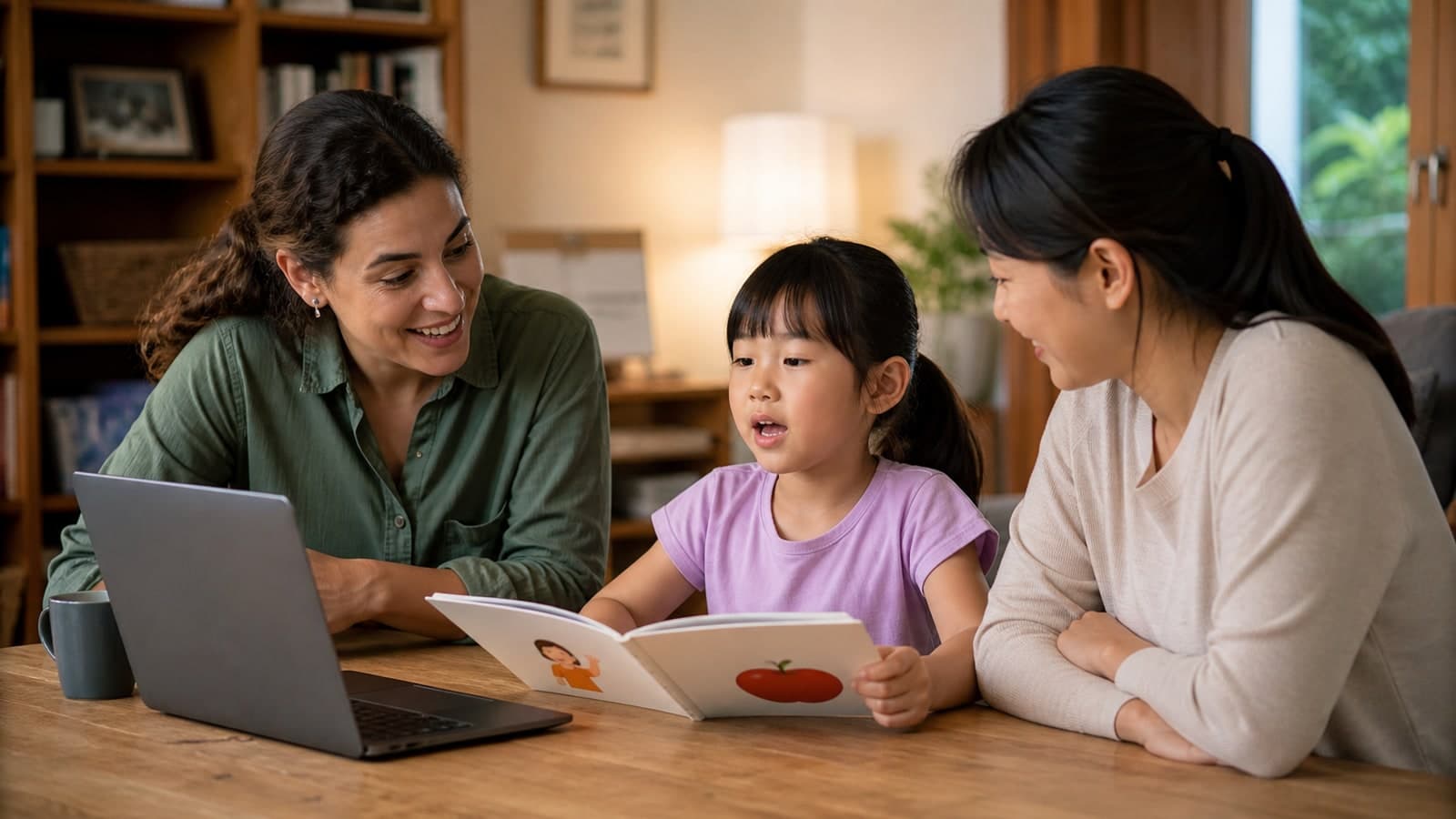 示意图:孩子在家中与成人进行简短西班牙语发音回看