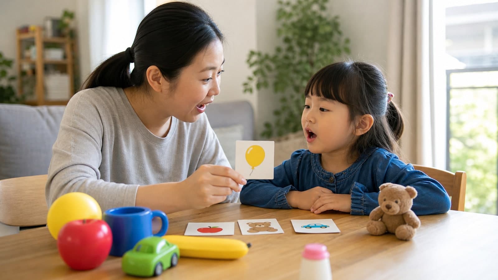 示意图:孩子与家长在家中用无文字图卡进行西班牙语母音听辨