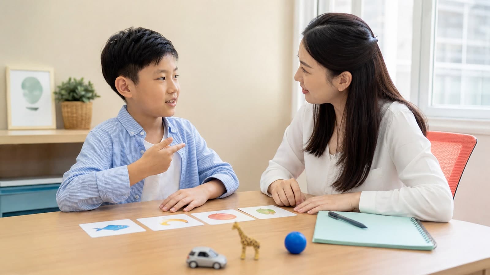 示意圖:孩子在一對一互動中使用無文字圖卡回應成人的簡短追問