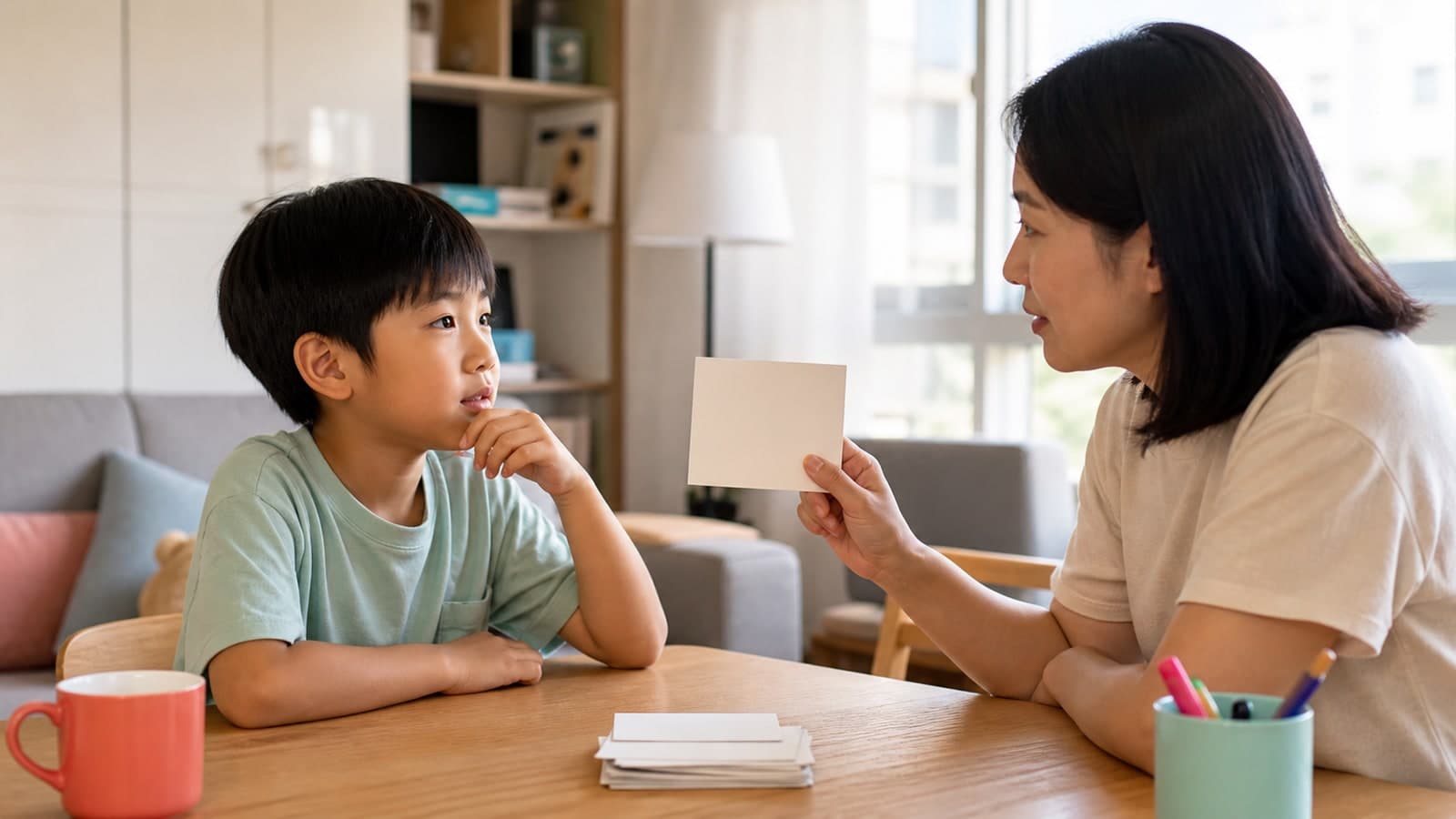 示意圖:孩子在家中看著無文字提示卡,準備向成人作短回應