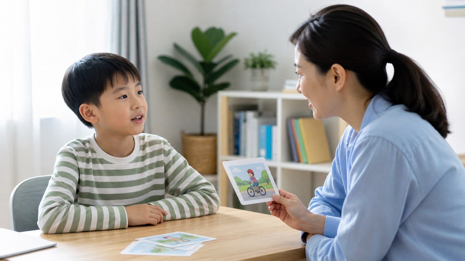示意:孩子在一對一英語對話練習中回應導師的圖片提示