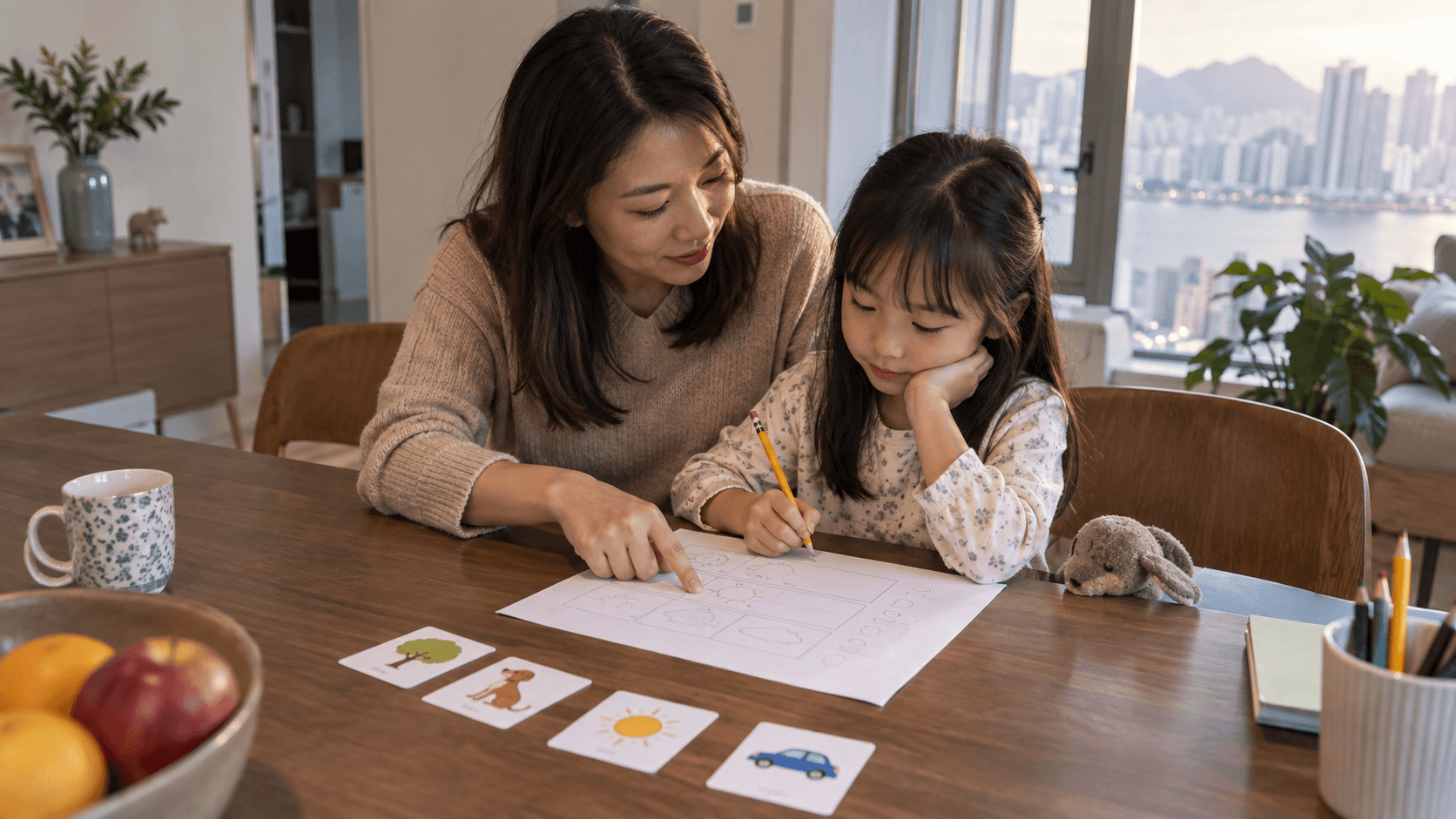 Illustrative image: a child and parent review English practice and note a next step at home