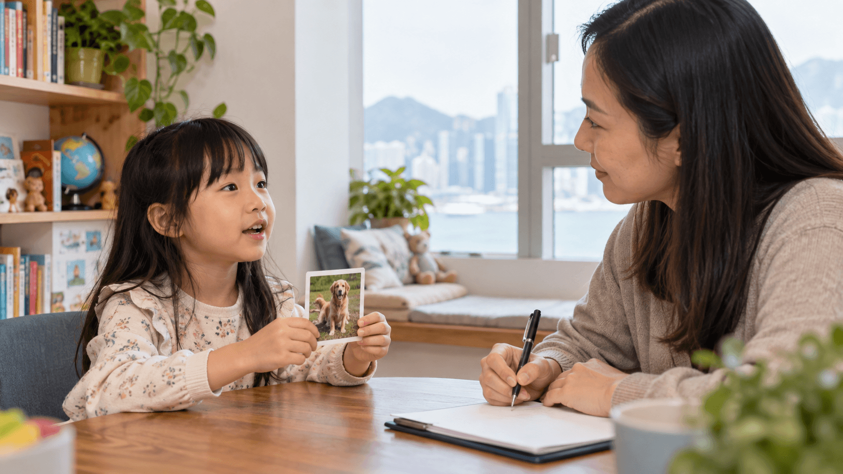Illustrative image: a child answers a short English picture prompt with an adult at home
